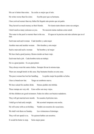 His car is better than mine.

Su coche es mejor que el mío.

He writes worse than his sister.

Escribe peor que su hermana.

I have arrived sooner than my father.He llegado más pronto que mi padre.
They haven't as much money as their friends.
I don't need as many suitcases as you.

No tienen tanto dinero como sus amigos.

No necesito tantas maletas como usted.

The water in the pool is warmer than in the sea.
mar.

El agua en la piscina está más caliente que en el

Each man and each woman Cada hombre y cada mujer
Another man and another woman

Otro hombre y otra mujer

Such a man and such a woman

Tal hombre y tal mujer

We have had a good journey. Hemos tenido un buen viaje.
Each man had a job. Cada hombre tenía un trabajo.
He is a great painter. Es un gran pintor.
They always wear the same clothes. Siempre llevan la misma ropa.
There are enough hotels in this area. Hay bastantes hoteles en esta zona.
The poor woman has lost her handbag.
I have a brand new hat.

Tengo un sombrero nuevo.

We have asked for another drink.
These stamps are very old.

La pobre mujer ha perdido su bolsa.

Hemos pedido otra bebida.

Estos sellos son muy viejos.

All the children are good swimmers. Todos los niños son buenos nadadores.
They will get married next month.

Se casarán el próximo mes.

I shall go to bed early tonight.

Me acostaré temprano esta noche.

He will come with us on holiday.

Vendrá con nosotros de vacaciones.

We shall visit them on Sunday.

Les visitaremos el domingo.

They will not speak to us.

No quieren hablar con nosotros.

It would be better to stop.

Sería mejor parar.

 