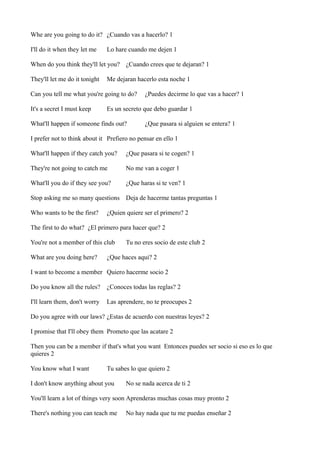 Whe are you going to do it? ¿Cuando vas a hacerlo? 1
I'll do it when they let me

Lo hare cuando me dejen 1

When do you think they'll let you? ¿Cuando crees que te dejaran? 1
They'll let me do it tonight

Me dejaran hacerlo esta noche 1

Can you tell me what you're going to do?
It's a secret I must keep

¿Puedes decirme lo que vas a hacer? 1

Es un secreto que debo guardar 1

What'll happen if someone finds out?

¿Que pasara si alguien se entera? 1

I prefer not to think about it Prefiero no pensar en ello 1
What'll happen if they catch you?

¿Que pasara si te cogen? 1

They're not going to catch me

No me van a coger 1

What'll you do if they see you?

¿Que haras si te ven? 1

Stop asking me so many questions Deja de hacerme tantas preguntas 1
Who wants to be the first?

¿Quien quiere ser el primero? 2

The first to do what? ¿El primero para hacer que? 2
You're not a member of this club
What are you doing here?

Tu no eres socio de este club 2

¿Que haces aqui? 2

I want to become a member Quiero hacerme socio 2
Do you know all the rules?

¿Conoces todas las reglas? 2

I'll learn them, don't worry

Las aprendere, no te preocupes 2

Do you agree with our laws? ¿Estas de acuerdo con nuestras leyes? 2
I promise that I'll obey them Prometo que las acatare 2
Then you can be a member if that's what you want Entonces puedes ser socio si eso es lo que
quieres 2
You know what I want

Tu sabes lo que quiero 2

I don't know anything about you

No se nada acerca de ti 2

You'll learn a lot of things very soon Aprenderas muchas cosas muy pronto 2
There's nothing you can teach me

No hay nada que tu me puedas enseñar 2

 
