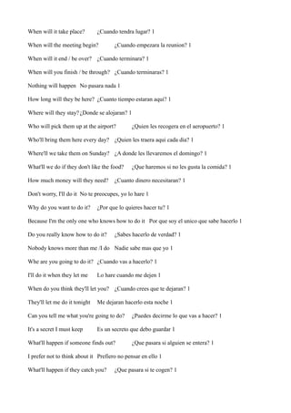 When will it take place?

¿Cuando tendra lugar? 1

When will the meeting begin?

¿Cuando empezara la reunion? 1

When will it end / be over? ¿Cuando terminara? 1
When will you finish / be through? ¿Cuando terminaras? 1
Nothing will happen No pasara nada 1
How long will they be here? ¿Cuanto tiempo estaran aqui? 1
Where will they stay? ¿Donde se alojaran? 1
Who will pick them up at the airport?

¿Quien les recogera en el aeropuerto? 1

Who'll bring them here every day? ¿Quien les traera aqui cada dia? 1
Where'll we take them on Sunday? ¿A donde les llevaremos el domingo? 1
What'll we do if they don't like the food?
How much money will they need?

¿Que haremos si no les gusta la comida? 1

¿Cuanto dinero necesitaran? 1

Don't worry, I'll do it No te preocupes, yo lo hare 1
Why do you want to do it?

¿Por que lo quieres hacer tu? 1

Because I'm the only one who knows how to do it Por que soy el unico que sabe hacerlo 1
Do you really know how to do it?

¿Sabes hacerlo de verdad? 1

Nobody knows more than me /I do Nadie sabe mas que yo 1
Whe are you going to do it? ¿Cuando vas a hacerlo? 1
I'll do it when they let me

Lo hare cuando me dejen 1

When do you think they'll let you? ¿Cuando crees que te dejaran? 1
They'll let me do it tonight

Me dejaran hacerlo esta noche 1

Can you tell me what you're going to do?
It's a secret I must keep

¿Puedes decirme lo que vas a hacer? 1

Es un secreto que debo guardar 1

What'll happen if someone finds out?

¿Que pasara si alguien se entera? 1

I prefer not to think about it Prefiero no pensar en ello 1
What'll happen if they catch you?

¿Que pasara si te cogen? 1

 
