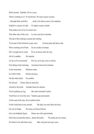 Stick around. Quédate. No te vayas.
There's nothing to it! Es facilísimo. No tiene mayor secreto.
...through thick and thin.

...tanto a las duras como a las maduras.

English is a piece of cake.

El inglés es pan comido.

That makes two of us.Ya somos dos.
The other side of the coin.

La otra cara de la moneda.

The tip of the iceberg.La punta del iceberg.
To be part of the furniture (a per son).

Formar parte del decor ado.

We're running out of time.

Se nos acaba el tiempo.

He's a tough nut to crack.

Él es un hueso duro de roer.

All of a sudden.

De repente.

As far as I'm concerned.

Por mí, en lo que a mí se refiere.

First thing in the morning.

A primera hora de la mañana.

In the meantime.

Mientras tanto.

In a little while.

Dentro de poco.

On the other hand.

En cambio.

I'm all ears.

Tienes toda mi atención.

Armed to the teeth.

Armado hasta los dientes.

You're pulling my leg.

Me estás tomando el pelo.

You'll have to twist his arm. Tendrás que presionarle.
At the end of the day. En el análisis final.
It left a bad taste in my mouth.
I'm out of shape.

Me dejó con mal sabor de boca.

No estoy en forma (física).

Give me ballpark figure.

Dame una cifra aproximada.

Don't beat around the bush (...about the bush).
It's better to be safe than sorry.

No andes por las ramas.

Más vale prevenir que curar.

 