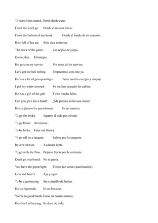 To start from scratch. Partir desde cero.
From the word go.

Desde el mismo inicio.

From the bottom of my heart.
He's full of hot air.

Sólo dice tonterías.

The rules of the game.
Game plan.

Desde el fondo de mi corazón.

Las reglas de juego.

Estrategia.

He gets on my nerves.

Me pone de los nervios.

Let's get the ball rolling.

Empecemos con esto ya.

He has a lot of get-up-and-go.

Tiene mucha energía y empuje.

I got my wires crossed.

Se me han cruzado los cables.

He has a gift of the gab.

Tiene mucha labia.

Can you give me a hand?

¿Me puedes echar una mano?

He's a glutton for punishment.
To go for broke.

Es un masoca.

Jugarse el todo por el todo.

To go broke. Arruinarse .
To be broke. Estar sin blanca.
To go off on a tangent.
In slow motion.

Salirse por la tangente.

A cámara lenta.

To go with the flow. Dejarse llevar por la corriente .
Don't go overboard. No te pases.
You have the green light.

Tienes luz verde (autorización).

Grin and bear it.

Ajo y agua.

To be a guinea pig.

Ser conejillo de Indias.

He's a bigmouth.

Es un bocazas.

You're in good hands. Estás en buenas manos.
He's hard of hearing. Es duro de oído.

 