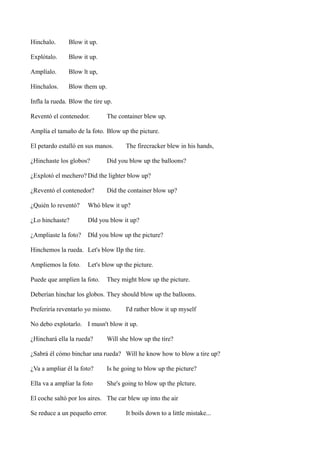 Hinchalo.

Blow it up.

Explótalo.

Blow it up.

Amplíalo.

Blow lt up,

Hínchalos.

Blow them up.

Infla la rueda. Blow the tire up.
Reventó el contenedor.

The container blew up.

Amplía el tamaño de la foto. Blow up the picture.
El petardo estalló en sus manos.
¿Hinchaste los globos?

The firecracker blew in his hands,

Did you blow up the balloons?

¿Explotó el mechero? Did the lighter blow up?
¿Reventó el contenedor?

Díd the container blow up?

¿Quién lo reventó?

Whó blew it up?

¿Lo hinchaste?

Dld you blow it up?

¿Ampliaste la foto?

Dld you blow up the picture?

Hinchemos la rueda. Let's blow IIp the tire.
Ampliemos la foto.

Let's blow up the picture.

Puede que amplíen la foto.

They might blow up the picture.

Deberían hinchar los globos. They should blow up the balloons.
Preferiría reventarlo yo mismo.

I'd rather blow it up myself

No debo explotarlo. I musn't blow it up.
¿Hinchará ella la rueda?

Will she blow up the tire?

¿Sabrá él cómo binchar una rueda? Will he know how to blow a tire up?
¿Va a ampliar él la foto?

Is he going to blow up the picture?

Ella va a ampliar la foto

She's going to blow up the plcture.

El coche saltó por los aires. The car blew up into the air
Se reduce a un pequeño error.

It boils down to a little mistake...

 