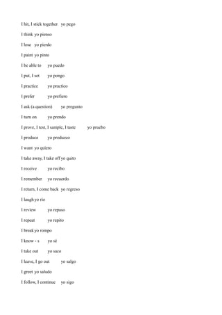 I hit, I stick together yo pego
I think yo pienso
I lose yo pierdo
I paint yo pinto
I be able to

yo puedo

I put, I set

yo pongo

I practice

yo practico

I prefer

yo prefiero

I ask (a question)
I turn on

yo pregunto

yo prendo

I prove, I test, I sample, I taste
I produce

yo produzco

I want yo quiero
I take away, I take off yo quito
I receive

yo recibo

I remember

yo recuerdo

I return, I come back yo regreso
I laugh yo río
I review

yo repaso

I repeat

yo repito

I break yo rompo
I know - s

yo sé

I take out

yo saco

I leave, I go out

yo salgo

I greet yo saludo
I follow, I continue

yo sigo

yo pruebo

 