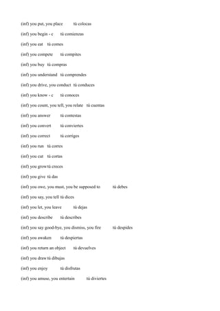 (inf) you put, you place
(inf) you begin - c

tú colocas

tú comienzas

(inf) you eat tú comes
(inf) you compete

tú compites

(inf) you buy tú compras
(inf) you understand tú comprendes
(inf) you drive, you conduct tú conduces
(inf) you know - c

tú conoces

(inf) you count, you tell, you relate tú cuentas
(inf) you answer

tú contestas

(inf) you convert

tú conviertes

(inf) you correct

tú corriges

(inf) you run tú corres
(inf) you cut tú cortas
(inf) you growtú creces
(inf) you give tú das
(inf) you owe, you must, you be supposed to

tú debes

(inf) you say, you tell tú dices
(inf) you let, you leave
(inf) you describe

tú dejas

tú describes

(inf) you say good-bye, you dismiss, you fire
(inf) you awaken

tú despiertas

(inf) you return an object

tú devuelves

(inf) you draw tú dibujas
(inf) you enjoy

tú disfrutas

(inf) you amuse, you entertain

tú diviertes

tú despides

 
