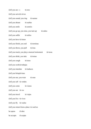 (inf) you are - s

tú eres

(inf) you servetú sirves
(inf) you sound, you ring

tú suenas

(inf) you dream

tú sueñas

(inf) you smile

tú sonríes

(inf) you go up, you raise, you turn up
(inf) you suffer

tú subes

tú sufres

(inf) you have tú tienes
(inf) you finish, you end

tú terminas

(inf) you throw, you pull

tú tiras

(inf) you touch, you play a musical instrument
(inf) you drink, you take
(inf) you cough

tú tomas

tú toses

(inf) you worktú trabajas
(inf) you translate

tú traduces

(inf) you bringtú traes
(inf) you use, you wear

tú usas

(inf) you sell tú vendes
(inf) you come

tú vienes

(inf) you see tú ves
(inf) you travel

tú viajas

(inf) you live tú vives
(inf) you fly

tú vuelas

(inf) you return from a place tú vuelves
he opens

él abre

he accepts

él acepta

tú tocas

 