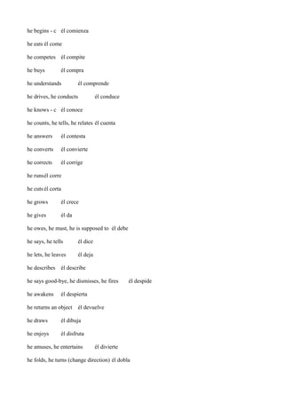 he begins - c él comienza
he eats él come
he competes él compite
he buys

él compra

he understands

él comprende

he drives, he conducts

él conduce

he knows - c él conoce
he counts, he tells, he relates él cuenta
he answers

él contesta

he converts

él convierte

he corrects

él corrige

he runsél corre
he cuts él corta
he grows

él crece

he gives

él da

he owes, he must, he is supposed to él debe
he says, he tells

él dice

he lets, he leaves

él deja

he describes él describe
he says good-bye, he dismisses, he fires
he awakens

él despide

él despierta

he returns an object

él devuelve

he draws

él dibuja

he enjoys

él disfruta

he amuses, he entertains

él divierte

he folds, he turns (change direction) él dobla

 