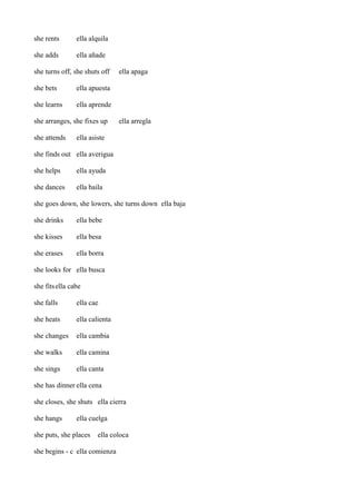 she rents

ella alquila

she adds

ella añade

she turns off, she shuts off
she bets

ella apuesta

she learns

ella apaga

ella aprende

she arranges, she fixes up
she attends

ella arregla

ella asiste

she finds out ella averigua
she helps

ella ayuda

she dances

ella baila

she goes down, she lowers, she turns down ella baja
she drinks

ella bebe

she kisses

ella besa

she erases

ella borra

she looks for ella busca
she fits ella cabe
she falls

ella cae

she heats

ella calienta

she changes

ella cambia

she walks

ella camina

she sings

ella canta

she has dinner ella cena
she closes, she shuts ella cierra
she hangs

ella cuelga

she puts, she places

ella coloca

she begins - c ella comienza

 