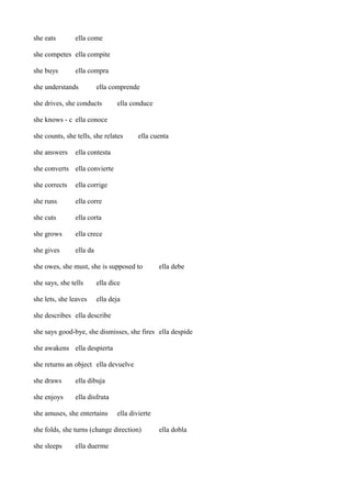 she eats

ella come

she competes ella compite
she buys

ella compra

she understands

ella comprende

she drives, she conducts

ella conduce

she knows - c ella conoce
she counts, she tells, she relates
she answers

ella cuenta

ella contesta

she converts ella convierte
she corrects

ella corrige

she runs

ella corre

she cuts

ella corta

she grows

ella crece

she gives

ella da

she owes, she must, she is supposed to
she says, she tells

ella dice

she lets, she leaves

ella debe

ella deja

she describes ella describe
she says good-bye, she dismisses, she fires ella despide
she awakens ella despierta
she returns an object ella devuelve
she draws

ella dibuja

she enjoys

ella disfruta

she amuses, she entertains

ella divierte

she folds, she turns (change direction)
she sleeps

ella duerme

ella dobla

 