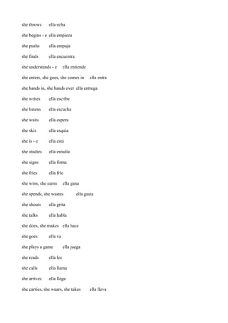 she throws

ella echa

she begins - e ella empieza
she pushs

ella empuja

she finds

ella encuentra

she understands - e

ella entiende

she enters, she goes, she comes in

ella entra

she hands in, she hands over ella entrega
she writes

ella escribe

she listens

ella escucha

she waits

ella espera

she skis

ella esquía

she is - e

ella está

she studies

ella estudia

she signs

ella firma

she fries

ella fríe

she wins, she earns

ella gana

she spends, she wastes
she shouts

ella grita

she talks

ella gasta

ella habla

she does, she makes ella hace
she goes

ella va

she plays a game

ella juega

she reads

ella lee

she calls

ella llama

she arrives

ella llega

she carries, she wears, she takes

ella lleva

 