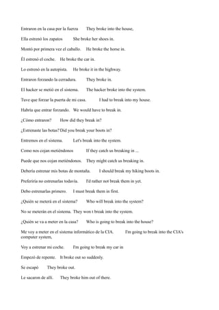 Entraron en la casa por la fuerza
Ella estrenó los zapatos

She broke her shoes in.

Montó por primera vez el caballo.
Él estrenó el coche.

They broke into the house,

He broke the horse in.

He broke the car in.

Lo estrenó en la autopista.

He broke it in the highway.

Entraron forzando la cerradura.

They broke in.

El hacker se metió en el sistema.

The hacker broke into the system.

Tuve que forzar la puerta de mi casa.

I had to break into my house.

Habría que entrar forzando. We would have to break in.
¿Cómo entraron?

How did they break in?

¿Estrenaste las botas? Did you break your boots in?
Entremos en el sistema.

Let's break into the system.

Como nos cojan metiéndonos

If they catch us breaking in ...

Puede que nos cojan metiéndonos. They might catch us breaking in.
Debería estrenar mis botas de montaña.
Preferiría no estrenarlas todavía.
Debo estrenarlas primero.

I should break my hiking boots in.

I'd rather not break them in yet.

I must break them in first.

¿Quién se meterá en el sistema?

Who will break into the system?

No se meterán en el sistema. They won t break into the system.
¿Quién se va a meter en la casa?

Who is going to break into the house?

Me voy a meter en el sistema informático de la CIA.
computer system,
Voy a estrenar mi coche.

I'm going to break my car in

Empezó de repente. It broke out so suddenly.
Se escapó

They broke out.

Le sacaron de allí.

They broke him out of there.

I'm going to break into the CIA's

 