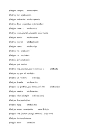 (for) you compete

usted compite

(for) you buy usted compra
(for) you understand usted comprende
(for) you drive, you conduct usted conduce
(for) you know - c

usted conoce

(for) you count, you tell, you relate usted cuenta
(for) you answer

usted contesta

(for) you convert

usted convierte

(for) you correct

usted corrige

(for) you run usted corre
(for) you cut usted corta
(for) you growusted crece
(for) you give usted da
(for) you owe, you must, you be supposed to

usted debe

(for) you say, you tell usted dice
(for) you let, you leave
(for) you describe

usted deja

usted describe

(for) you say good-bye, you dismiss, you fire
(for) you awaken

usted despide

usted despierta

(for) you return an object

usted devuelve

(for) you drawusted dibuja
(for) you enjoy

usted disfruta

(for) you amuse, you entertain

usted divierte

(for) you fold, you turn (change direction) usted dobla
(for) you sleepusted duerme
(for) you throw

usted echa

 