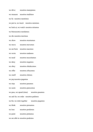 we drive

nosotros manejamos

we measure

nosotros medimos

we lie nosotros mentimos
we put in, we insert

nosotros metemos

we look at, we watch nosotros miramos
we bitenosotros mordemos
we die nosotros morimos
we show

nosotros mostramos

we move

nosotros movemos

we are born

nosotros nacemos

we swim

nosotros nadamos

we need

nosotros necesitamos

we deny

nosotros negamos

we obey

nosotros obedecemos

we offer

nosotros ofrecemos

we smell

nosotros olemos

we paynosotros pagamos
we stop

nosotros paramos

we seem

nosotros parecemos

we pass, we spend (time)

nosotros pasamos

we ask for, we order nosotros pedimos
we hit, we stick together

nosotros pegamos

we think

nosotros pensamos

we lose

nosotros perdemos

we paint

nosotros pintamos

we are able to nosotros podemos

 