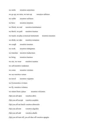 we smile

nosotros sonreímos

we go up, we raise, we turn up
we suffer

nosotros sufrimos

we have

nosotros subimos

nosotros tenemos

we finish, we end

nosotros terminamos

we throw, we pull

nosotros tiramos

we touch, we play a musical instrument
we drink, we take

nosotros tocamos

nosotros tomamos

we cough

nosotros tosemos

we work

nosotros trabajamos

we translate

nosotros traducimos

we bring

nosotros traemos

we use, we wear

nosotros usamos

we sell nosotros vendemos
we come

nosotros venimos

we see nosotros vemos
we travel

nosotros viajamos

we livenosotros vivimos
we fly nosotros volamos
we return from a place

nosotros volvemos

(Sp) you all open

vosotros abrís

(Sp) you all accept

vosotros aceptáis

(Sp) you all eat lunch vosotros almorzáis
(Sp) you all rent

vosotros alquiláis

(Sp) you all add

vosotros añadís

(Sp) you all turn off, you all shut off vosotros apagáis

 