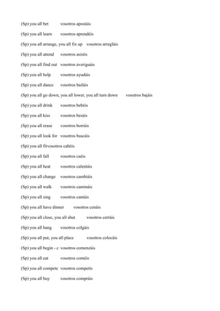 (Sp) you all bet

vosotros apostáis

(Sp) you all learn

vosotros aprendéis

(Sp) you all arrange, you all fix up vosotros arregláis
(Sp) you all attend

vosotros asistís

(Sp) you all find out vosotros averiguáis
(Sp) you all help

vosotros ayudáis

(Sp) you all dance

vosotros bailáis

(Sp) you all go down, you all lower, you all turn down
(Sp) you all drink

vosotros bebéis

(Sp) you all kiss

vosotros besáis

(Sp) you all erase

vosotros borráis

(Sp) you all look for vosotros buscáis
(Sp) you all fitvosotros cabéis
(Sp) you all fall

vosotros caéis

(Sp) you all heat

vosotros calentáis

(Sp) you all change

vosotros cambiáis

(Sp) you all walk

vosotros camináis

(Sp) you all sing

vosotros cantáis

(Sp) you all have dinner

vosotros cenáis

(Sp) you all close, you all shut
(Sp) you all hang

vosotros cerráis

vosotros colgáis

(Sp) you all put, you all place

vosotros colocáis

(Sp) you all begin - c vosotros comenzáis
(Sp) you all eat

vosotros coméis

(Sp) you all compete vosotros competís
(Sp) you all buy

vosotros compráis

vosotros bajáis

 