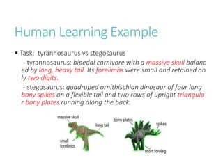 Human Learning Example
 Task: tyrannosaurus vs stegosaurus
- tyrannosaurus: bipedal carnivore with a massive skull balanc
ed by long, heavy tail. Its forelimbs were small and retained on
ly two digits.
- stegosaurus: quadruped ornithischian dinosaur of four long
bony spikes on a flexible tail and two rows of upright triangula
r bony plates running along the back.
 
