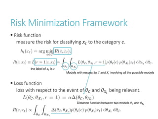 Risk Minimization Framework
 Risk function
measure the risk for classifying 𝑥𝑡 to the category 𝑐.
 Loss function
loss with respect to the event of 𝜃 𝐶 and 𝜃 𝑋𝑡
being relevant.
the label of 𝑥 𝑡 is 𝑐
Models with respect to 𝐶 and 𝑋𝑡 involving all the possible models
Distance function between two models 𝜃 𝐶 and 𝜃 𝑋𝑡
 