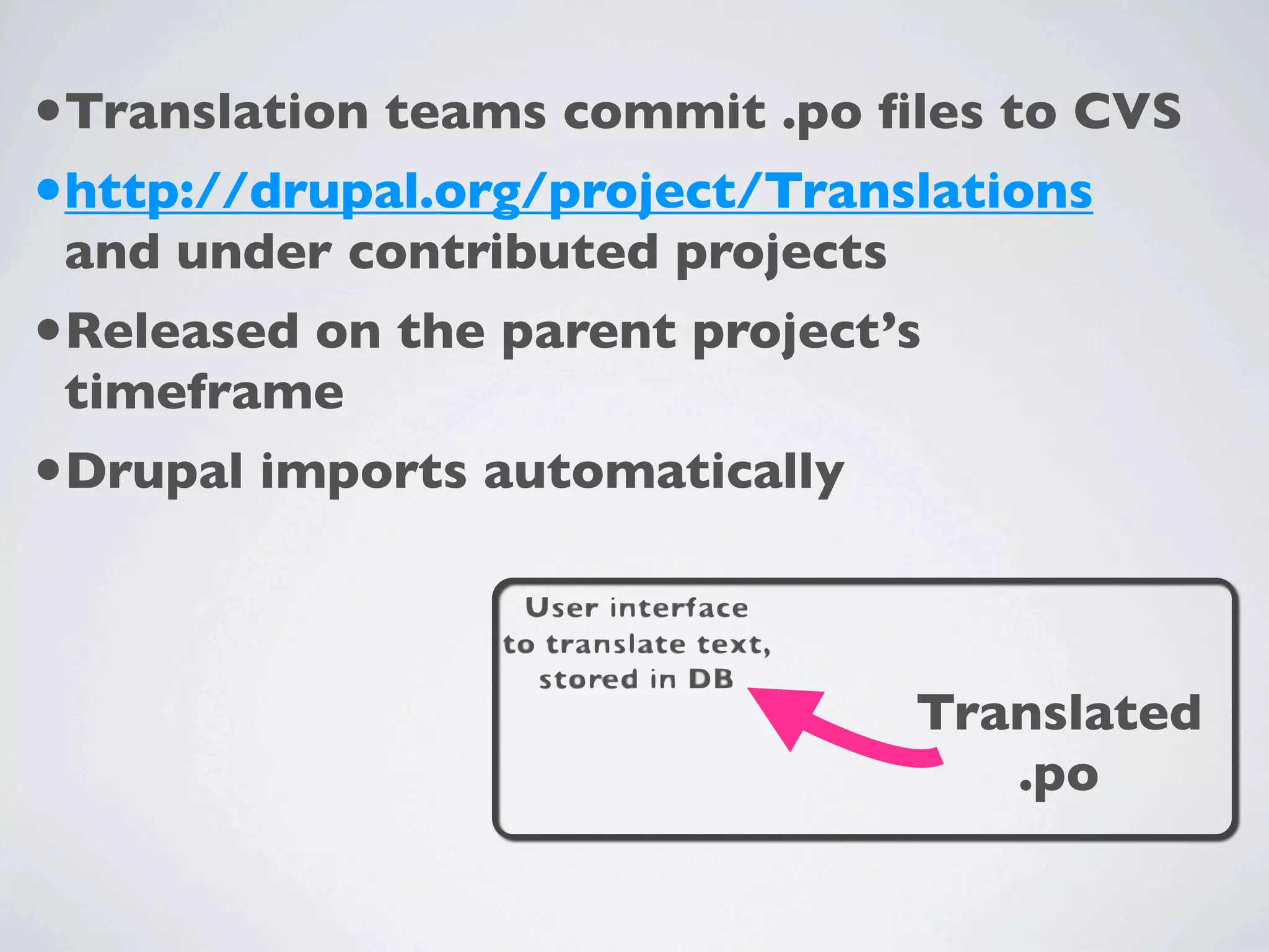 •Translation teams commit .po ﬁles to CVS
•http://drupal.org/project/Translations
 and under contributed projects
•Released on the parent project’s
 timeframe
•Drupal imports automatically


                                  Translated
                                     .po
 