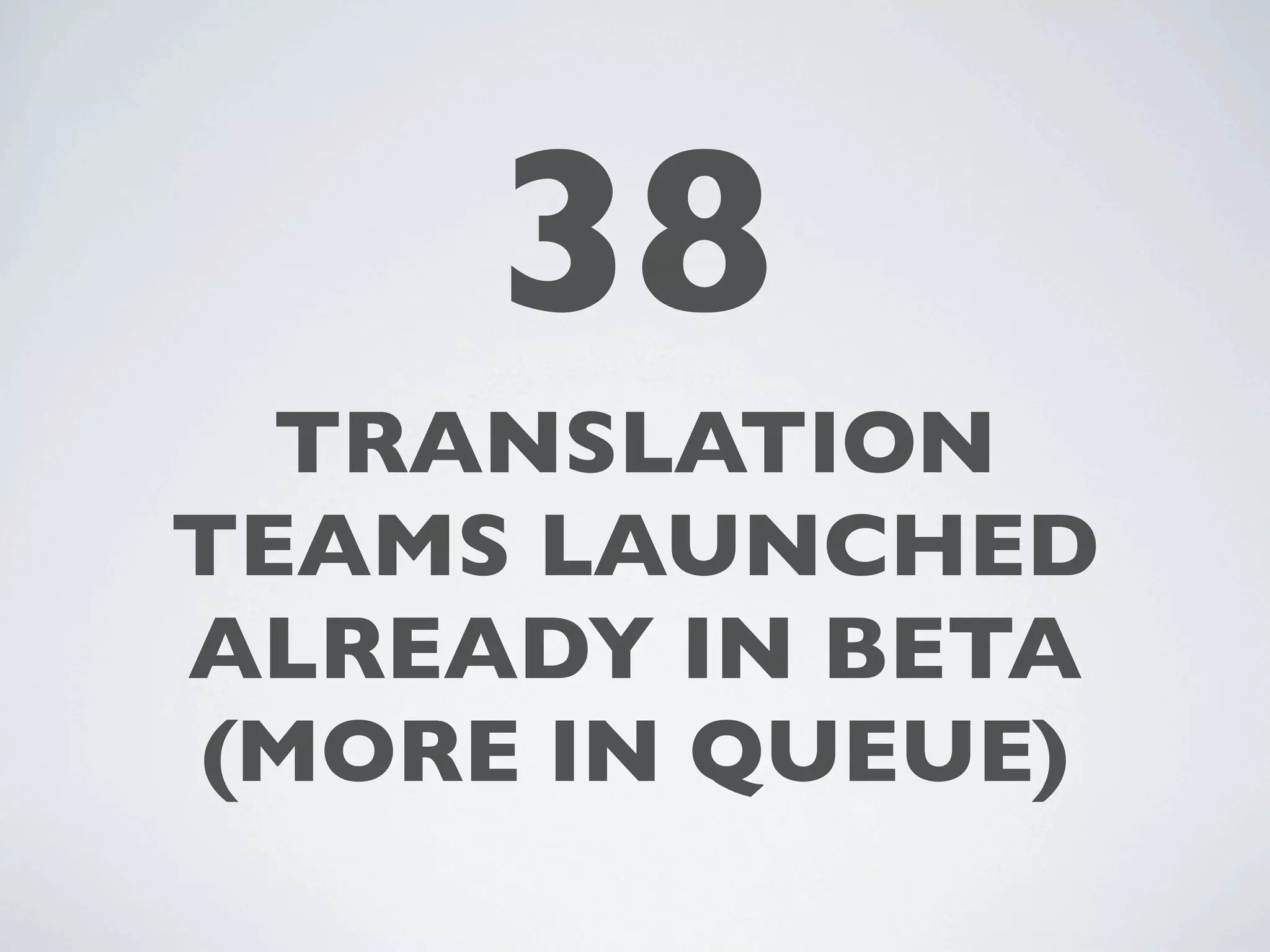 38
  TRANSLATION
TEAMS LAUNCHED
ALREADY IN BETA
(MORE IN QUEUE)
 