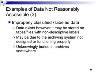 Examples of Data Not Reasonably Accessible (3) Improperly classified / labeled data  Data exists however it may be stored on tapes/files with non-descriptive labels  May be due to the archiving system not designed or functioning properly Unknowingly buried in archives somewhere. 
