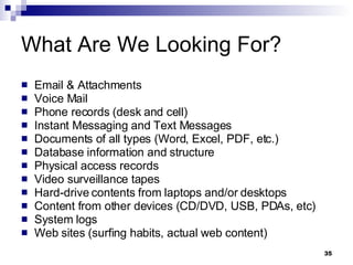 What Are We Looking For? Email & Attachments Voice Mail Phone records (desk and cell) Instant Messaging and Text Messages Documents of all types (Word, Excel, PDF, etc.) Database information and structure Physical access records Video surveillance tapes Hard-drive contents from laptops and/or desktops Content from other devices (CD/DVD, USB, PDAs, etc) System logs Web sites (surfing habits, actual web content) 