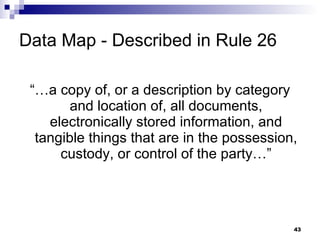 Data Map - Described in Rule 26 “…a copy of, or a description by category and location of, all documents, electronically stored information, and tangible things that are in the possession, custody, or control of the party…” 