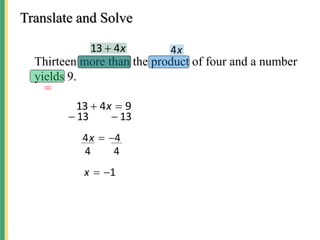 Translate and Solve
Thirteen more than the product of four and a number
yields 9.
9
4
13 
 x
x
4
13  x
4
=
13
13 

4
4 

x
4
4
1


x
 