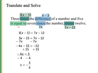 Translate and Solve
Three times the difference of a number and five
is equal to seven times the number, minus twelve.
  12
7
5
3 

 x
x
 
5
3 
x 5

x
=
15
15 

3
4 
 x
4
4 

4
3


x
x
7 12
7 
x
12
7
15
3 

 x
x
x
x 7
7 

12
15
4 


 x
 