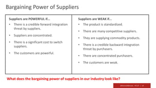 @RichardMBrooks #TC37 | 14
Bargaining Power of Suppliers
Suppliers are POWERFUL if...
• There is a credible forward integration
threat by suppliers.
• Suppliers are concentrated.
• There is a significant cost to switch
suppliers.
• The customers are powerful.
Suppliers are WEAK if...
• The product is standardized.
• There are many competitive suppliers.
• They are supplying commodity products.
• There is a credible backward integration
threat by purchasers.
• There are concentrated purchasers.
• The customers are weak.
What does the bargaining power of suppliers in our industry look like?
 