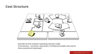 @RichardMBrooks #TC37 | 27
Cost Structure
Describes all costs involved in operating a business model.
Is this business… cost driven, value driven, % of fixed and variable costs and are
there economies of scale/scope?
 