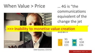 @RichardMBrooks #TC37 | 41
… 4G is “the
communications
equivalent of the
change the jet
engine made over
steam”
>>> Inability to monetise value creation
Olaf Swantee, CEO EE
3G
1GB
£31
4G
1GB
£26
When Value > Price
 