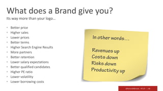 @RichardMBrooks #TC37 | 60
• Better price
• Higher sales
• Lower prices
• Better terms
• Higher Search Engine Results
• More partners
• Better retention
• Lower salary expectations
• Better qualified candidates
• Higher PE ratio
• Lower volatility
• Lower borrowing costs
What does a Brand give you?
Its way more than your logo…
 