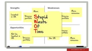 @RichardMBrooks #TC37 | 9
Strengths
Opportunities
Weaknesses
Threats
Located
in UK
From
outside
the UK
Not be
located in
UK
Located
in UKDiverse
portfolio
Diverse
portfolio
Diverse
portfolio
Diverse
portfolio
More
nonsense
More
nonsense
More
nonsense
More
nonsense
Stupid
Waste
Of
Time
 