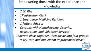 Empowering those with the experience and
knowledge
• 2 ED RNs
• 1Registration Clerk
• 1 Emergency Medicine Resident
• 1 Patient Advisor
• Consults with Housekeeping, Security,
Registration, and Volunteer Services
Generate ideas together, then divide into four groups
to try, test, and implement improvement ideas!
 