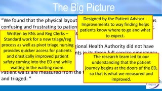 The Big Picture
“We found that the physical layout of the emergency departments was
confusing and frustrating to patients, resulting in some waiting longer,
and some leaving the departments before they receive care”
“We found that the Saskatoon Regional Health Authority did not have
effective processes to triage patients in its three full-service emergency
departments.”
Patient waits are measured from the time that the patient is registered
and triaged. “
Designed by the Patient Advisor -
Improvements to way finding helps
patients know where to go and what
to expect.Written by RNs and Reg Clerks –
Standard work for a new triage/reg
process as well as pivot triage nursing
provides quicker access for patients
and drastically improved patient
safety coming into the ED and while
waiting in the waiting room.
The research team led to our
understanding that the patient
journey begins at the doors of the ED,
so that is what we measured and
improved.
 