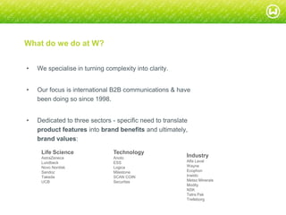 © W 2008
What do we do at W?
• We specialise in turning complexity into clarity.
• Our focus is international B2B communications & have
been doing so since 1998.
• Dedicated to three sectors - specific need to translate
product features into brand benefits and ultimately,
brand values:
Life Science
AstraZeneca
Lundbeck
Novo Nordisk
Sandoz
Takeda
UCB
Technology
Anoto
ESS
Logica
Milestone
SCAN COIN
Securitas
Industry
Alfa Laval
Wayne
Ecophon
Inwido
Metso Minerals
Modity
NSK
Tetra Pak
Trelleborg
 