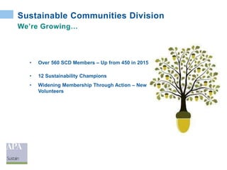 Sustainable Communities Division
We’re Growing…
• Over 560 SCD Members – Up from 450 in 2015
• 12 Sustainability Champions
• Widening Membership Through Action – New
Volunteers
 