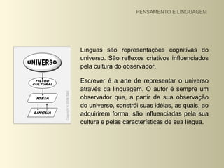 PENSAMENTO E LINGUAGEM




Línguas são representações cognitivas do
universo. São reflexos criativos influenciados
pela cultura do observador.

Escrever é a arte de representar o universo
através da linguagem. O autor é sempre um
observador que, a partir de sua observação
do universo, constrói suas idéias, as quais, ao
adquirirem forma, são influenciadas pela sua
cultura e pelas características de sua língua.
 