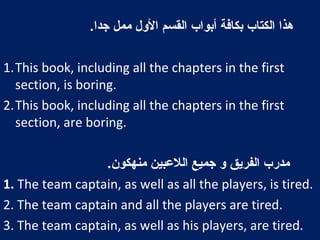 3-‫للحياة‬ ‫ضرلوري‬ ‫الماء‬.
a. The water is necessary for life.
b. Water is necessary for the life.
c. Water is necessary for life.
4-‫الكثير‬ ‫هنفسه‬ ‫علم‬ ‫أهنه‬ ‫إل‬ ,‫الجامعة‬ ‫إلى‬ ‫يذهب‬ ‫لم‬ ‫أهنه‬ ‫رغم‬.
a. Although he did not go to university. He taught
himself a lot of things.
b. He taught himself a lot of things. Although he did
not go to school.
c. Although he did not go to university, he taught
himself a lot of things.
 