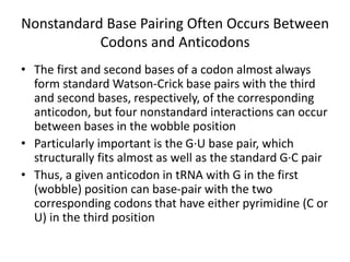Nonstandard Base Pairing Often Occurs Between
Codons and Anticodons
• The first and second bases of a codon almost always
form standard Watson-Crick base pairs with the third
and second bases, respectively, of the corresponding
anticodon, but four nonstandard interactions can occur
between bases in the wobble position
• Particularly important is the G·U base pair, which
structurally fits almost as well as the standard G·C pair
• Thus, a given anticodon in tRNA with G in the first
(wobble) position can base-pair with the two
corresponding codons that have either pyrimidine (C or
U) in the third position
 