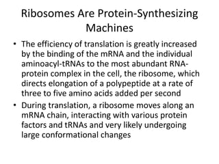 Ribosomes Are Protein-Synthesizing
Machines
• The efficiency of translation is greatly increased
by the binding of the mRNA and the individual
aminoacyl-tRNAs to the most abundant RNA-
protein complex in the cell, the ribosome, which
directs elongation of a polypeptide at a rate of
three to five amino acids added per second
• During translation, a ribosome moves along an
mRNA chain, interacting with various protein
factors and tRNAs and very likely undergoing
large conformational changes
 