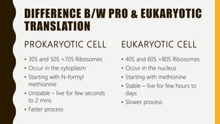 DIFFERENCE B/W PRO & EUKARYOTIC
TRANSLATION
PROKARYOTIC CELL
• 30S and 50S =70S Ribosomes
• Occur in the cytoplasm
• Starting with N-formyl
methionine
• Unstable – live for few seconds
to 2 mins
• Faster process
EUKARYOTIC CELL
• 40S and 60S =80S Ribosomes
• Occur in the nucleus
• Starting with methionine
• Stable – live for few hours to
days
• Slower process
 