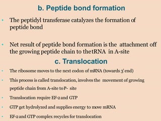 b. Peptide bond formation
• The peptidyl transferase catalyzes the formation of
peptide bond
• Net result of peptide bond formation is the attachment off
the growing peptide chain to thetRNA in A-site
c. Translocation
• The ribosome moves to the next codon of mRNA (towards 3’end)
• This process is called translocation, involves the movement of growing
peptide chain from A-site toP- site
• Translocation require EF-2and GTP
• GTP get hydrolyzed and supplies energy to move mRNA
• EF-2and GTP complex recycles for translocation
 