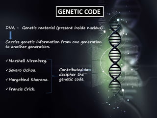 GENETIC CODE
DNA - Genetic material (present inside nucleus)
Carries genetic information from one generation
to another generation.
Marshell Nirenberg.
Severo Ochoa.
Hargobind Khorana.
Francis Crick.
Contributed to
decipher the
genetic code.
 