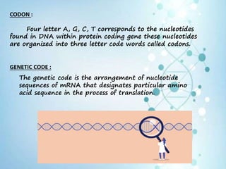 CODON :
Four letter A, G, C, T corresponds to the nucleotides
found in DNA within protein coding gene these nucleotides
are organized into three letter code words called codons.
GENETIC CODE :
The genetic code is the arrangement of nucleotide
sequences of mRNA that designates particular amino
acid sequence in the process of translation.
 