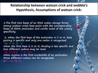 1.The first two bases of an RNA codon always forms
strong watson-crick base pairs with the corresponding
bases of tRNA anticodon and confer most of the coding
specificity.
2. When the first base of the anticodon is C or A, base
pairing is specific and only one codon is recognized
Ex: C-G, A- U
When the first base is U or G, binding is less specific and
two different codons may be read.
Ex: U-A/G G-C/U
When inosine is the first nucleotide of an anticodon,
three different codons can be recognized
EX: I-A /G /U.
Relationship between watson crick and wobble‘s
Hypothesis, Assumptions of watson crick:
 