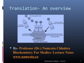 Translation- An overview
 By- Professor (Dr.) Namrata Chhabra
Biochemistry For Medics- Lecture Notes
www.namrata.co
03/12/14 1Biochemistry For Medics
 