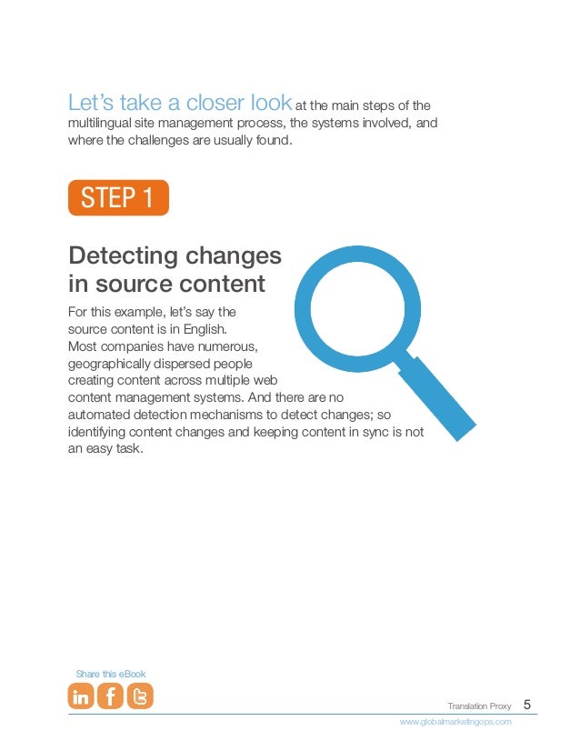 5
Translation Proxy
www.globalmarketingops.com
Share this eBook
Let’s take a closer look at the main steps of the
multilingual site management process, the systems involved, and
where the challenges are usually found.
Detecting changes
in source content
For this example, let’s say the
source content is in English.
Most companies have numerous,
geographically dispersed people
creating content across multiple web
content management systems. And there are no
automated detection mechanisms to detect changes; so
identifying content changes and keeping content in sync is not
an easy task.
STEP 1
 