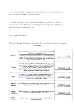 In ogni caso, già dalla prima pagina dei risultati, si può trovare la risposta esplorando i
link: dosaggio immunologico, o immunodosaggio.
Comunque, per rendere la ricerca sempre più efficiente, la regola d'oro è usare e
combinare nella query i termini con i comandi speciali di Google, di cui vediamo quali
sono i più utili per Translation 2.0. [Top]
2) La sintassi del motore
Sintassi di Google : tabella dei comandi speciali più utili alla ricerca terminologica
multilingue
TS + TT
Tipo principale di query che combina un termine di lingua sorgente (TS)
e un termine di lingua target (TT).
Si noti che aggiungere virgolette al termine cercato consente di cercare
una frase specifica ("terme médical" / "termine medico") o l'ortografia
esatta. Esempio: médical senza virgolette restituisce medical e/o
médical; "médical" restituisce soltanto médical. Molto conveniente per
tutte le lingue con caratteri accentati.
english italia cerca
Filetype:
Comando utilizzato per filtrare i risultati restituendo solo il tipo di file
scelto, le cui estensioni principali sono: .PDF, .DOC, .XLS, .PPT, .PPS,
.RTF, .TXT, ecc. Mettendo - prima del comando, si escludono i file a
propria scelta (-filetype:pdf esclude tutti i .PDF dei risultati).
L'aggiunta di questa sintassi alla query precedente riduce il numero dei
risultati e ne aumenta probabilmente la pertinenza.
english italia cerca
Site:
Comando che ti consente di cercare solo nell'estensione Paese che
desideri: molto utile per limitare la ricerca ad un solo Paese.
È anche possibile limitare la ricerca per lingua utilizzando l'operatore
language restrict (lang_en, lang_fr, etc.).
lexique glos cerca
Inurl: /
Allinurl:
Inurl: cerca negli URL solo la prima parola inserita, mentre Allinurl: trova
gli URL che contengono tutti i termini della query.
glossary glo cerca
Intitle: /
Allintitle:
Stesse caratteristiche di quelle indicate per il comando sopra, cercando
tutti i termini scelti nei titoli dei documenti restituiti.
allintitle: glos cerca
Intext: /
Allintext:
Lo stesso: cerca il termine (o i termini) scelto/i solo nel corpo dei
documenti restituiti.
 