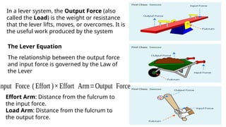 In a lever system, the Output Force (also
called the Load) is the weight or resistance
that the lever lifts, moves, or overcomes. It is
the useful work produced by the system
The Lever Equation
The relationship between the output force
and input force is governed by the Law of
the Lever
Input Force (Effort )×Effort Arm=Output Force
Effort Arm: Distance from the fulcrum to
the input force.
Load Arm: Distance from the fulcrum to
the output force.
 