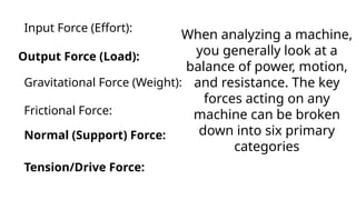 When analyzing a machine,
you generally look at a
balance of power, motion,
and resistance. The key
forces acting on any
machine can be broken
down into six primary
categories
Input Force (Effort):
Output Force (Load):
Gravitational Force (Weight):
Frictional Force:
Normal (Support) Force:
Tension/Drive Force:
 